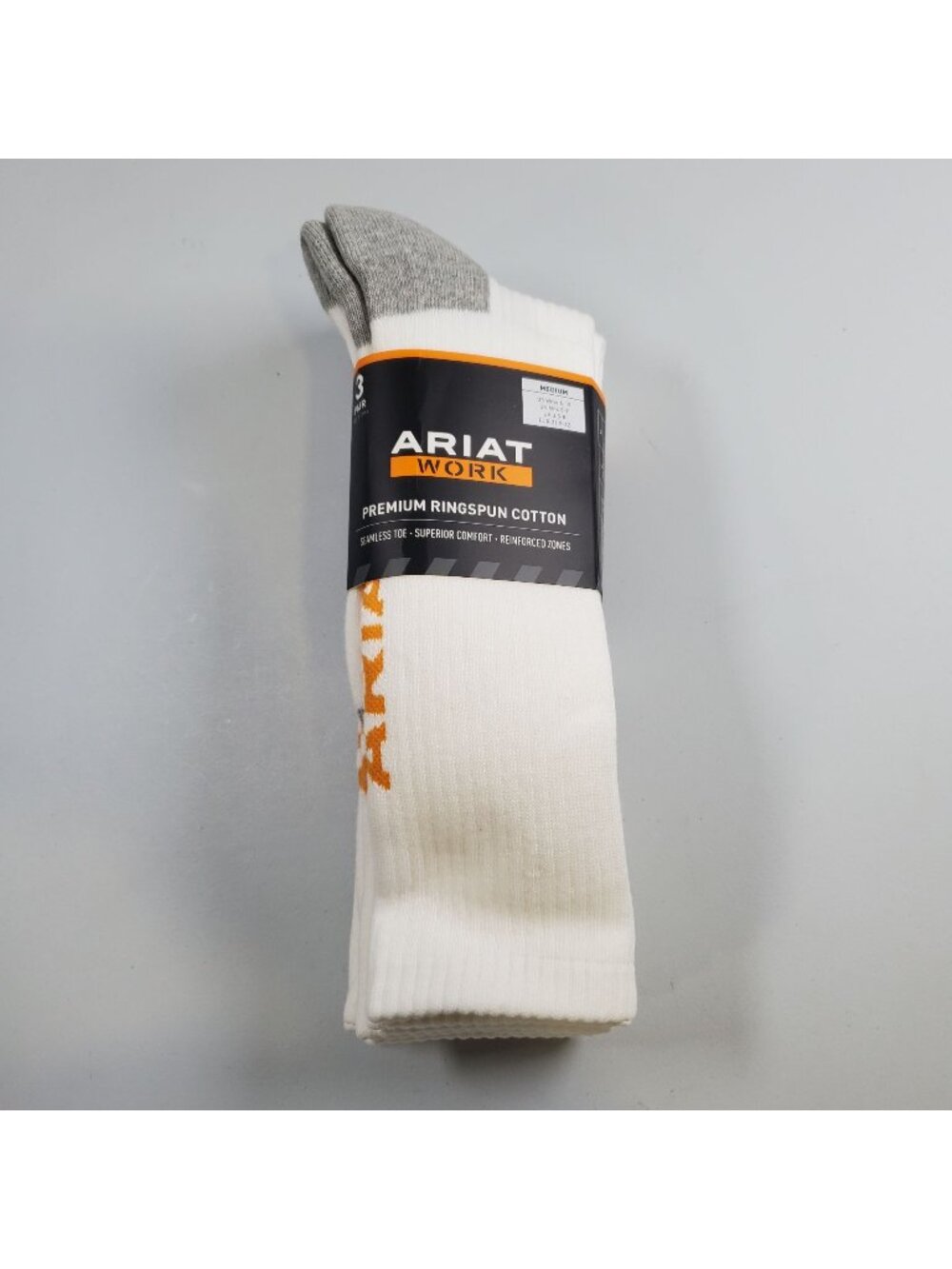 ARIAT 3 Pack White Work Premium Ringspun Cotton Socks Men Size Medium NWT